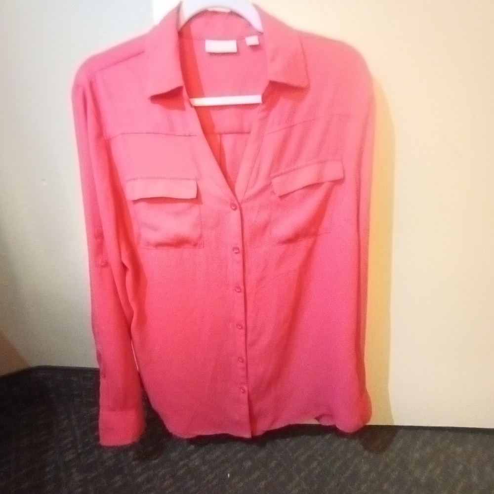 Semi-sheer button down hot pink dress shirt